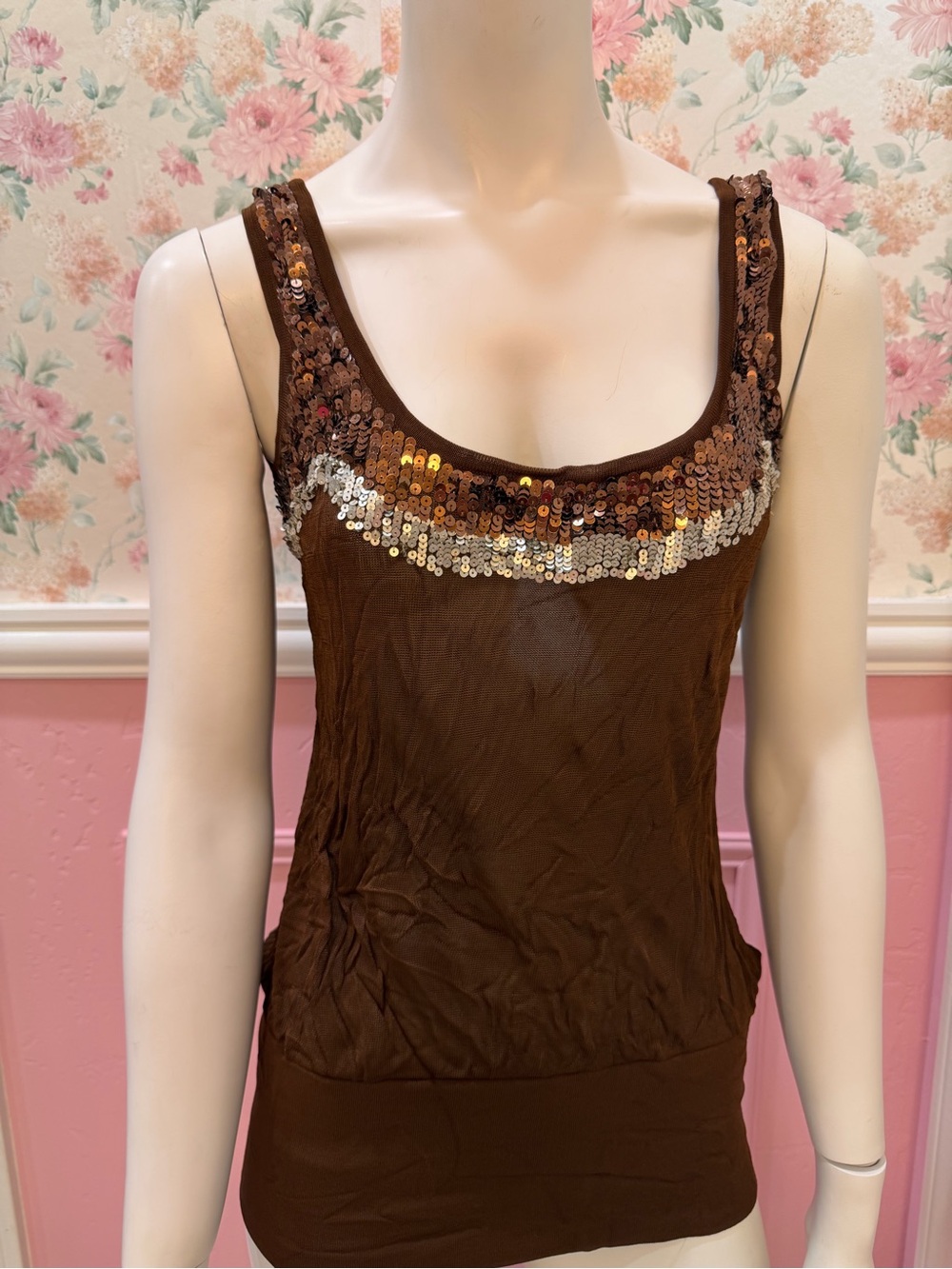 Y2K Bebe Brown Sequin Scoop Neck Tank Top